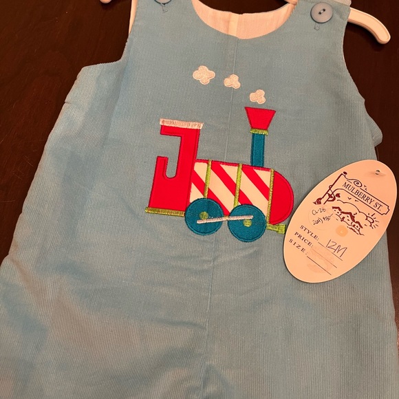Baby Blue Holiday Train Overalls - Picture 4 of 4